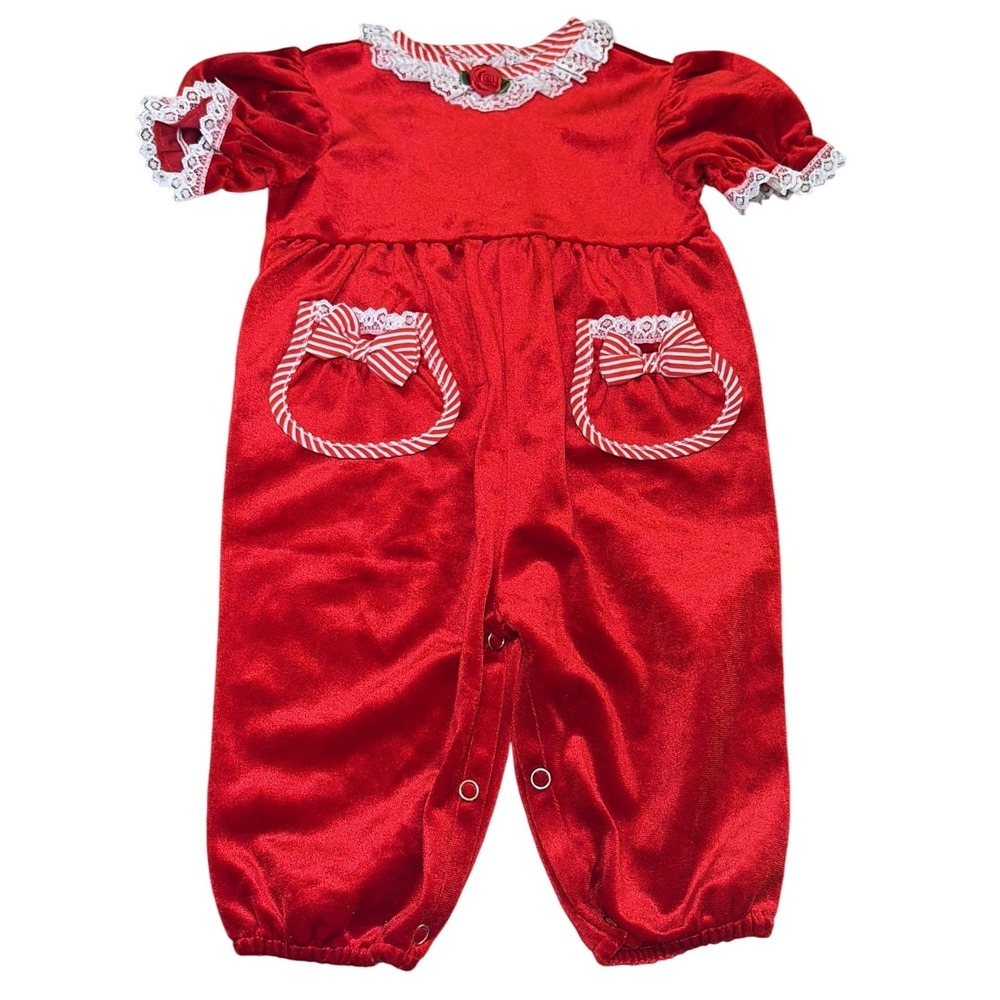 Vintage Evy Red Velvet Baby Romper Candy Stripe Infant Holiday Outfit Lace Sz 3M